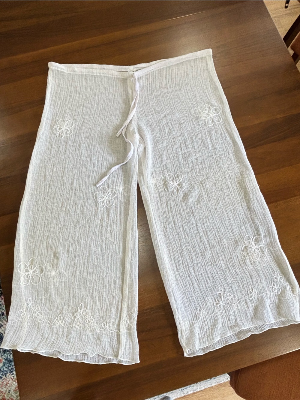 Sheer, wide leg embroidered swim cover up bottoms, size small